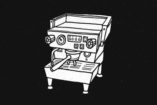 A black and white illustration of an espresso machine.